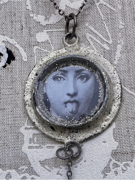 Hand Crafted Jewelry - Hand Crafted Cream and Black Round Playful Portrait Pendant Necklace